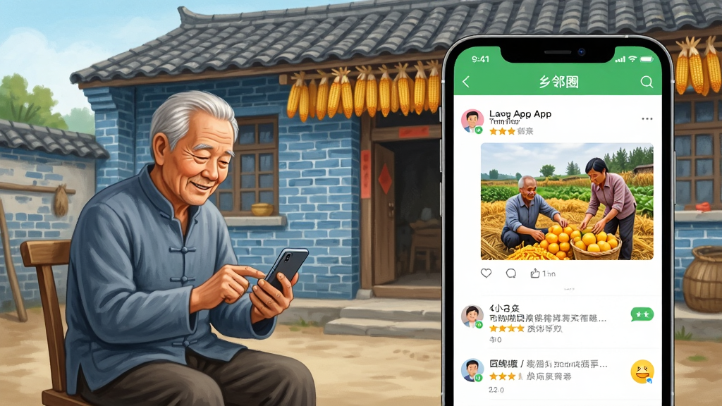 一张温馨的乡村生活照片风格插图,画面左侧是一位老人坐在院子里看手机微笑,右侧是手机屏幕放大展示“乡亲”App的乡邻圈界面,界面中有村民发布的丰收照片和评论互动,背景是青砖灰瓦的农舍和挂满玉米的屋檐,构图采用左右对比布局,风格写实温情,细节丰富,画质高清,干净,无多余元素