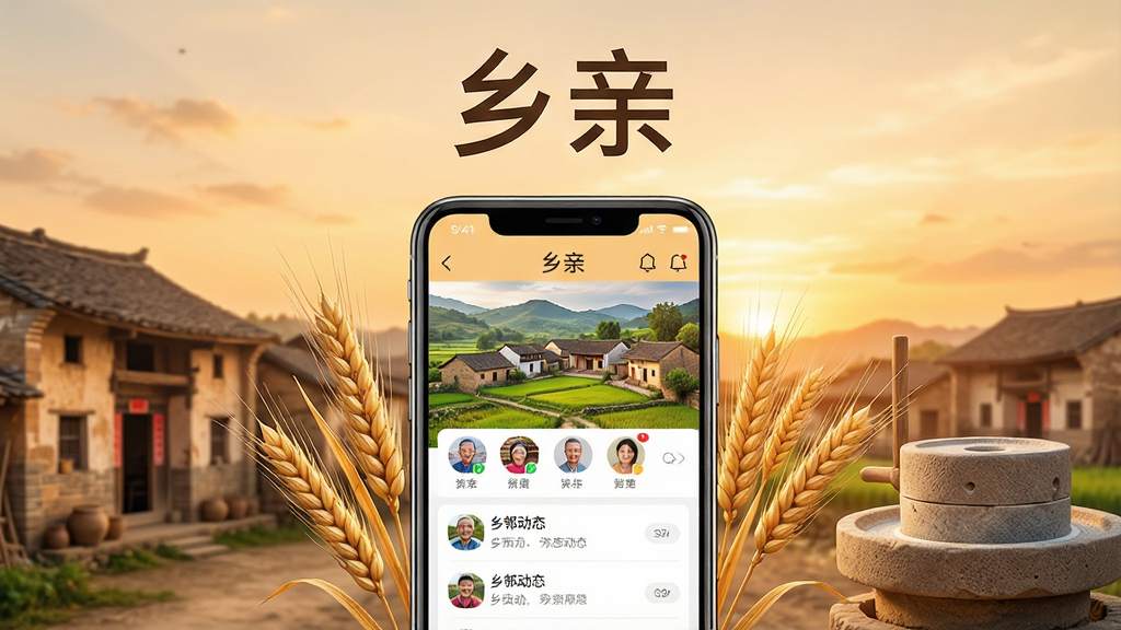 画面中央是一部智能手机,屏幕上显示“乡亲”App的首页界面,界面中呈现村庄风景图、村民头像和乡邻动态列表,手机周围环绕着麦穗、老屋、石磨等乡村元素,背景是温暖的黄昏色调,整体布局为居中构图,上方留白区域放置“乡亲”二字,风格写实温暖,细节清晰,画质高清,干净,无多余元素