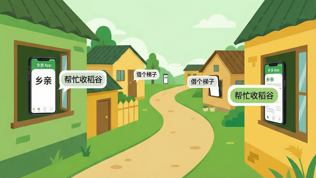 一幅扁平化插画,画面中一条乡村小路连接着几户人家,每户人家窗口都伸出一部手机,手机屏幕里显示“乡亲”App的互助消息气泡,气泡中有“帮忙收稻谷”“借个梯子”等文字,整体布局为横向展开,风格清新明快,色彩以绿色和暖黄色为主,细节简洁清晰,画质高清,干净,无多余元素