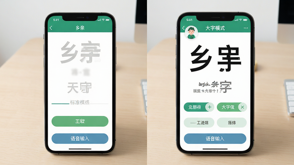 手机界面设计展示图,画面中并排展示“乡亲”App的两种模式,左侧是标准模式界面,右侧是大字模式界面,字体明显放大,按钮清晰,底部有语音输入按钮,背景是干净的浅色桌面,布局为左右对比,风格简洁实用,细节锐利,画质高清,干净,无多余元素