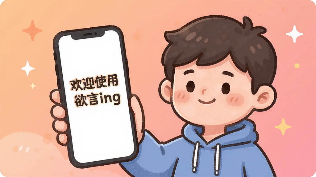 一张展示手机应用新手引导页面的图片,画面中一个卡通人物手持手机,手机屏幕上显示“欢迎使用欲言ing”字样,背景为柔和的橙粉色渐变,风格亲切友好,细节上人物表情温和,画质清晰干净,无多余元素