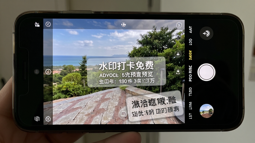 水印打卡免费相机实时预览拍照界面,主体为手机屏幕显示相机取景画面和水印叠加效果,布局为全屏取景,排版自然,风格真实拍摄场景,细节包括清晰的景物和半透明水印信息,画质高清,干净,无多余元素