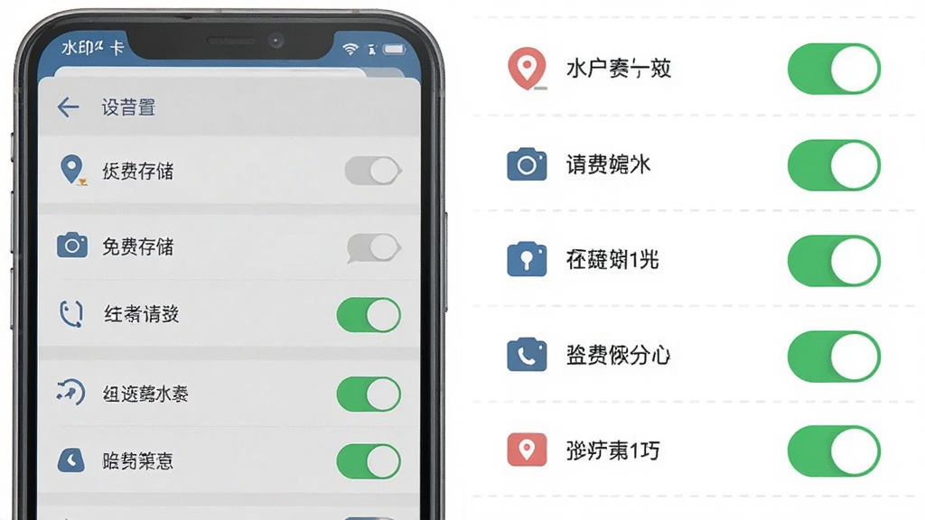 水印打卡免费相机使用技巧示意图,主体为手机屏幕显示设置菜单和权限开关,布局为左右分栏,左侧为菜单列表右侧为开关状态,排版清晰,风格扁平化设计,细节包括定位存储相机等权限图标,画质清晰,干净,无多余元素
