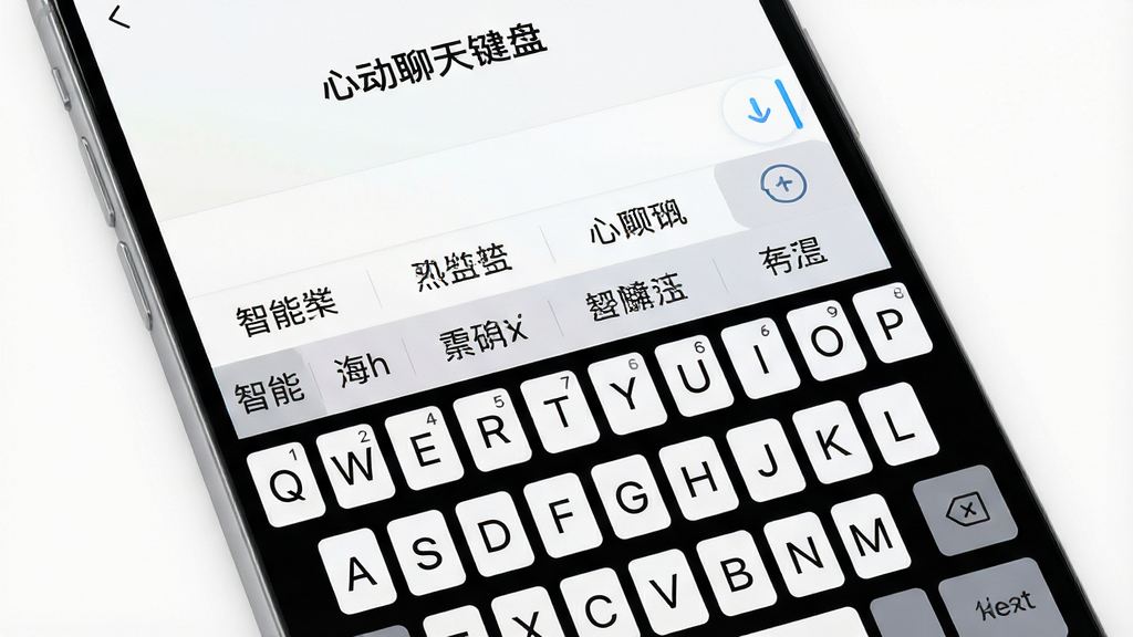 一张手机键盘输入场景图,屏幕中显示“心动聊天键盘”正在输入文字,上方候选栏出现智能联想词汇,背景为简约白色,布局突出键盘与候选词区域,风格科技感,细节显示字母清晰,画质高清,干净,无多余元素