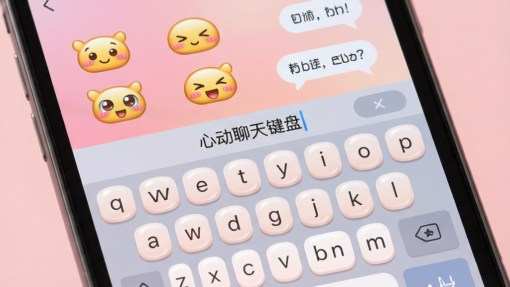 一张展示手机屏幕的图片,屏幕中央是名为“心动聊天键盘”的输入法界面,键盘上方排列着可爱的表情包和快捷短语气泡,背景是柔和的渐变粉色,整体布局清晰,风格温馨可爱,细节显示按键圆润有光泽,画质高清,干净,无多余元素