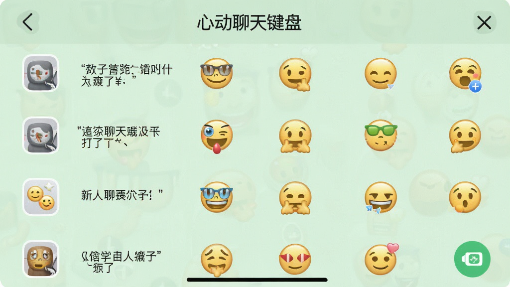 一张手机屏幕截图,显示“心动聊天键盘”的收藏夹面板,里面整齐排列着用户收藏的短语和表情,背景为浅绿色,布局为列表形式,风格简洁,细节显示图标清晰,画质高清,干净,无多余元素