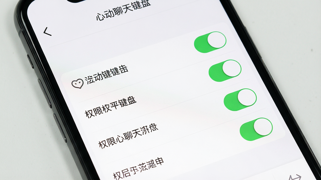 一张手机屏幕显示“心动聊天键盘”权限设置界面的图片,界面中列出了权限开关,背景为白色,布局清晰,风格简洁,细节显示开关状态,画质高清,干净,无多余元素
