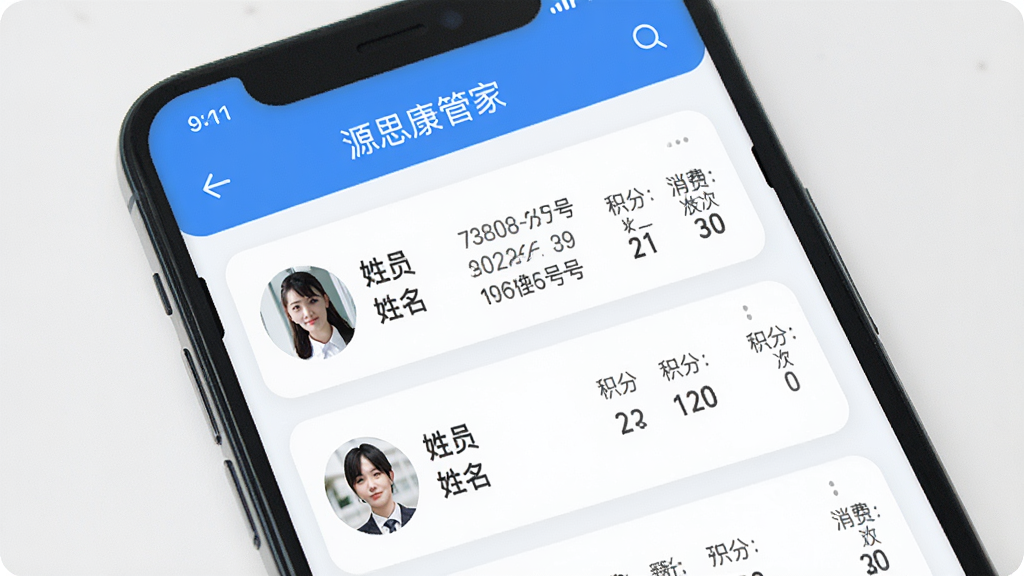 一张“源思康管家”会员管理界面展示图,画面中手机屏幕显示会员列表,包含会员头像、姓名、手机号、积分与消费次数,界面采用卡片式布局,浅色背景,蓝色点缀,风格清新简洁,高清画质,干净无多余元素