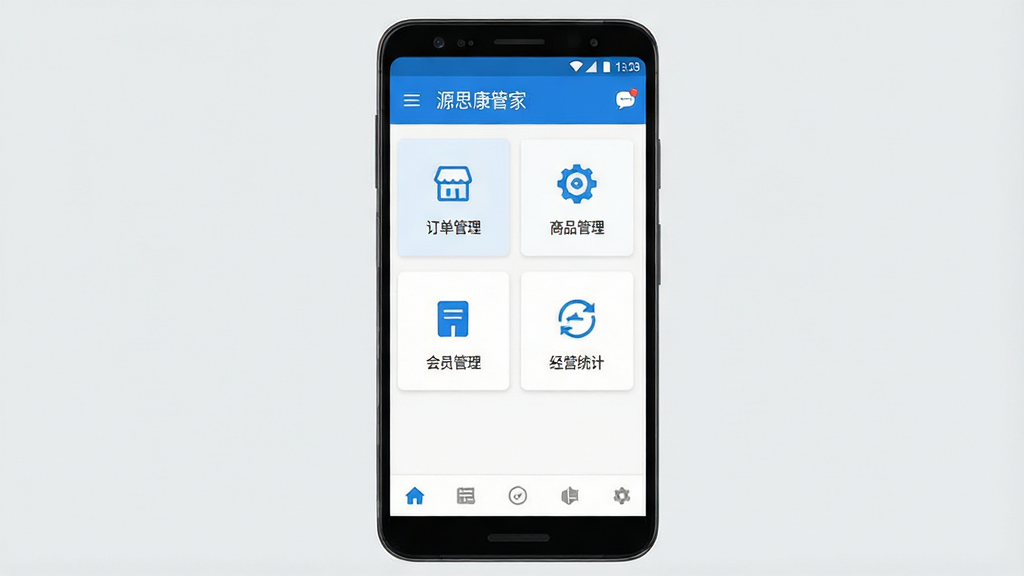 一张手机应用界面展示图,画面中央是一部安卓手机,屏幕显示“源思康管家”软件首页,页面包含订单管理、商品管理、会员管理、经营统计等功能入口,整体布局清晰,顶部有店铺名称与消息图标,底部为导航栏,风格简洁现代,蓝白配色,背景为浅灰色,干净无多余元素,高清画质