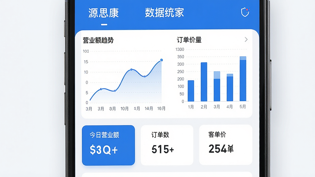 一张“源思康管家”数据统计页面展示图,画面中手机屏幕显示营业额趋势折线图与订单量柱状图,下方有今日营业额、订单数、客单价等数字卡片,界面风格现代简洁,蓝白配色,背景干净,高清画质,无多余元素