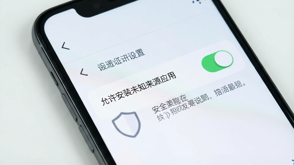 一张手机安全设置界面展示图,画面中手机屏幕显示“允许安装未知来源应用”开关页面,旁边有盾牌图标与安全提示文字,界面风格简洁,浅色背景,高清画质,干净无多余元素