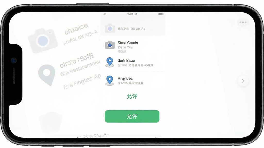 主体是水印免费定位相机App在手机上的权限设置引导页,布局为手机屏幕居中展示,排版为权限列表与允许按钮,风格为扁平化移动端界面,细节包括相机图标、定位图标和“允许”按钮,画质高清,干净,无多余元素