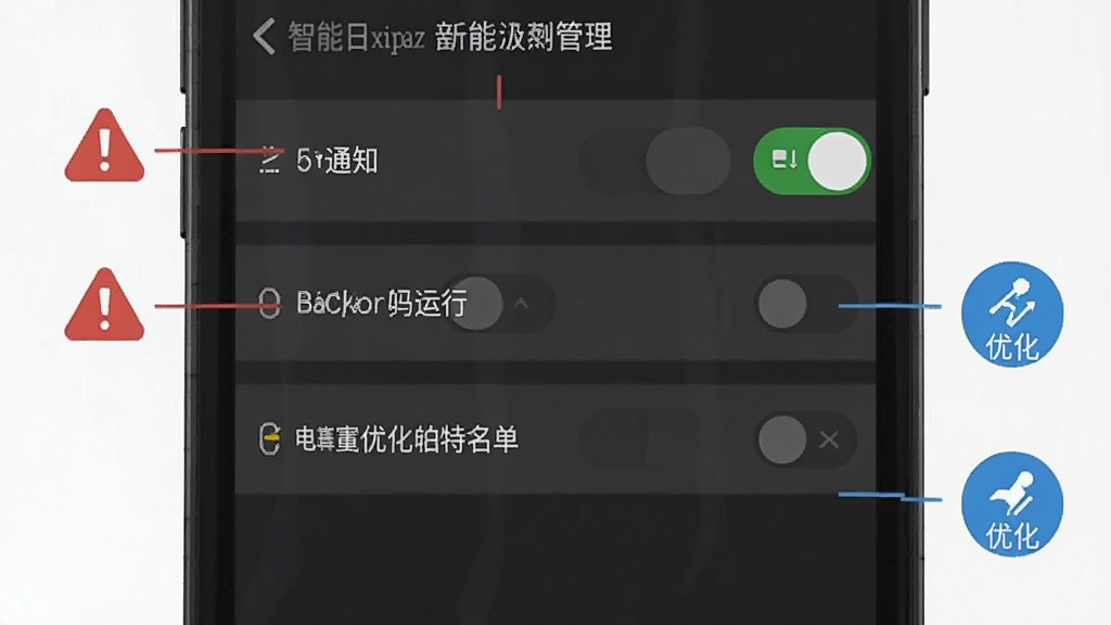 一张展示智能日程表设置界面的截图风格图片,画面为手机屏幕显示应用权限管理页面,页面上有通知开关、后台运行选项、电池优化白名单等条目,旁边有红色警示图标与蓝色优化图标作为视觉提示,风格为扁平化教程示意图,细节上突出开关状态与文字标注,画质清晰,干净,无多余元素