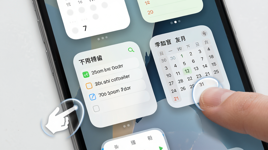 一张展示智能日程表桌面小组件的场景图,画面为手机主屏幕,屏幕上排列着不同尺寸的日历小组件,其中一个显示今日待办列表,另一个显示月历缩略图,背景为简约壁纸,周围有手指点击操作的动态示意,风格为写实UI展示,细节上体现小组件圆角与阴影,画质清晰,干净,无多余元素