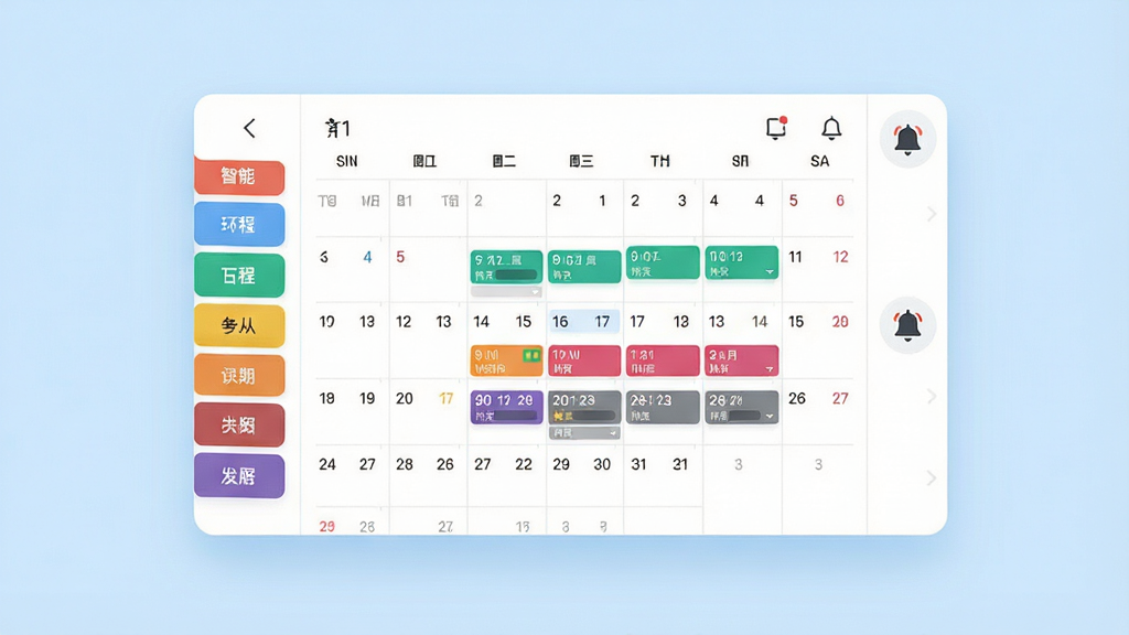一幅AI生成的日历应用界面图,画面主体为悬浮在浅蓝色背景上的智能日程表界面,界面内同时展示月历网格与彩色日程条,左侧有分类标签色块,右侧有提醒铃铛图标,布局采用左右分栏排版,风格为清爽扁平化设计,细节上突出日期数字与事件色块对比,画质清晰,干净,无多余元素