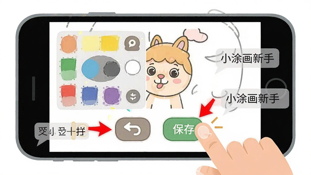 小涂画新手操作示意图,画面主体为一部手机屏幕,屏幕上显示填色界面并标注了各个功能按钮的位置,包括调色盘、撤销键、保存键,旁边有手指点击的动画示意,布局采用正面平视,风格扁平化教学插图,细节包括红色箭头指向关键按钮和半透明的操作提示文字,画质清晰,干净整洁,无多余背景。