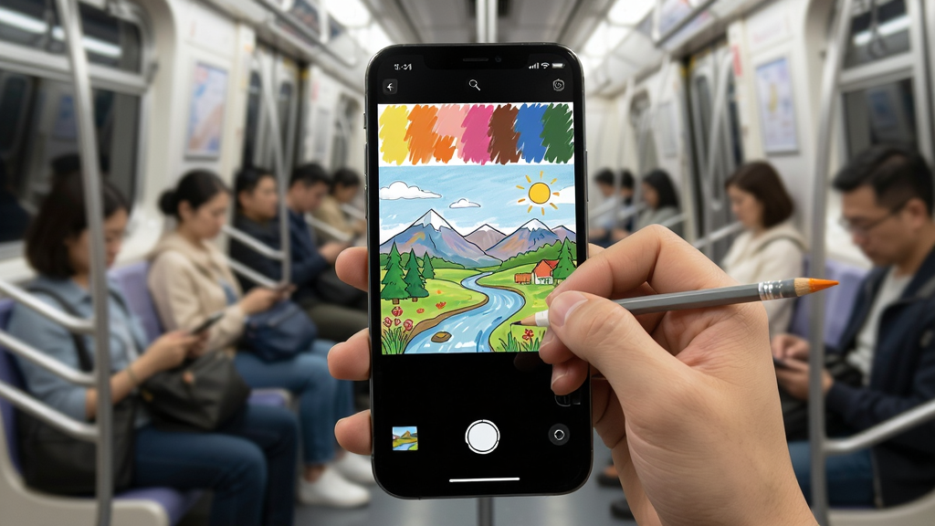 小涂画离线创作场景示意图,画面主体为一只手握着手机,手机屏幕显示一幅正在填色的风景画,背景为地铁车厢内部,布局采用第一人称视角,风格写实生活化,细节包括手机屏幕上的颜色填充动画和周围乘客的模糊轮廓,画质高清,干净明亮,无多余装饰。