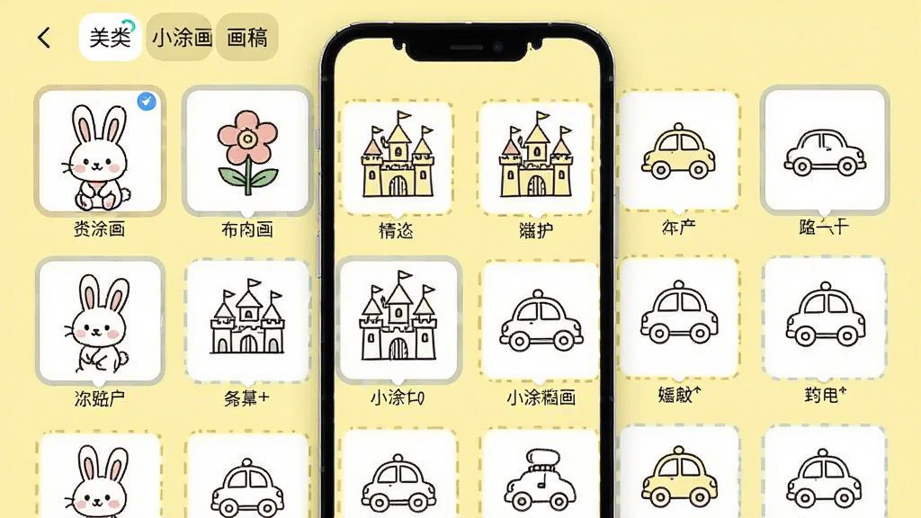 小涂画应用内画稿选择界面截图,画面主体为手机竖屏展示,屏幕中排列着多行卡通线稿缩略图,包括小兔子、花朵、城堡、汽车等图案,顶部有分类标签栏,背景为淡黄色,布局采用网格排列,风格扁平化设计,细节包括每个缩略图下方的名称文字和选中高亮边框,画质清晰,干净无杂乱元素。