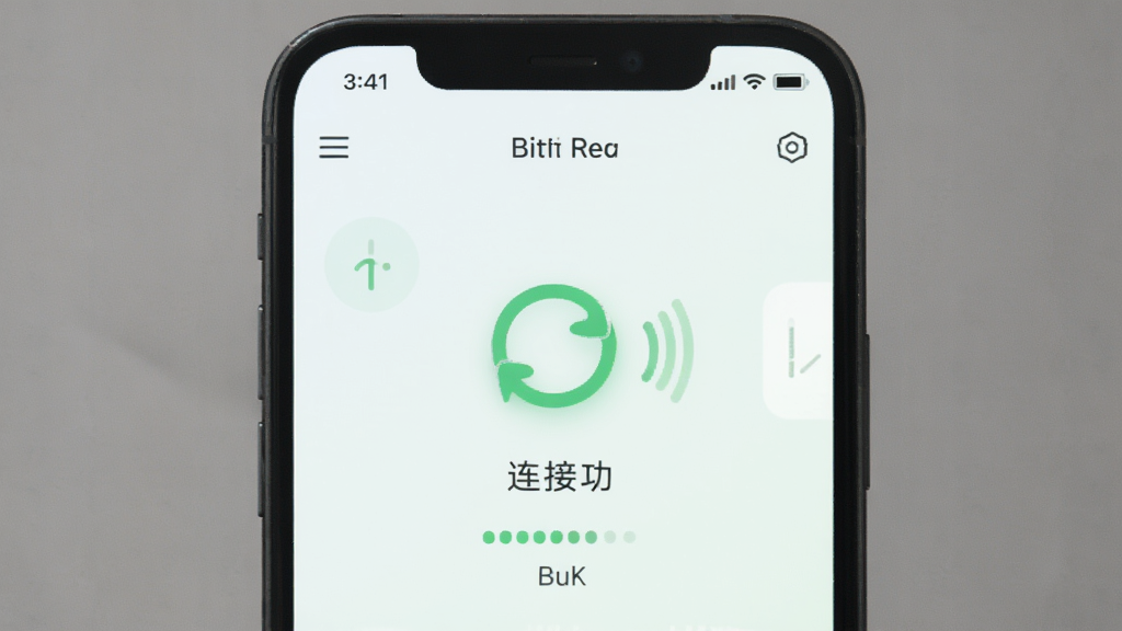 主体是比特域移动端操作界面,布局为手机屏幕展示连接成功状态,排版简洁,风格为清新浅色系,细节包括绿色连接图标和信号强度指示,画质清晰,干净,无多余元素