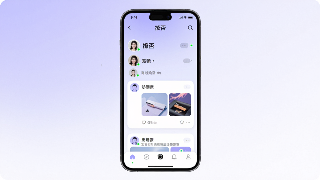 一张展示手机社交应用界面的图片,画面中央是一部竖屏智能手机,屏幕内显示