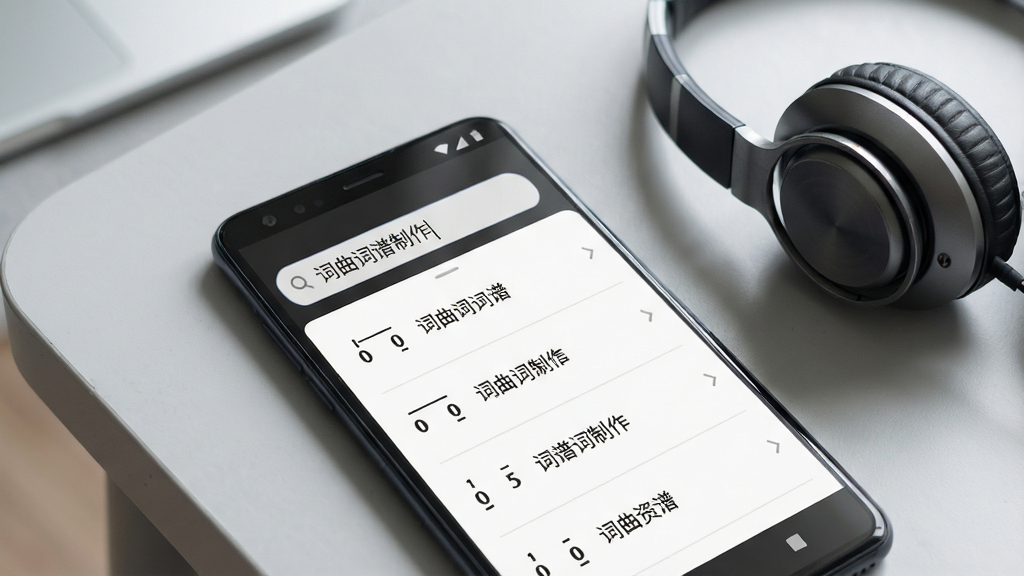 手机屏幕特写展示词曲词谱制作软件的搜索页面,画面主体为一部安卓手机,屏幕内显示搜索框与词谱资源列表,搜索框内写有“词曲词谱制作”文字,列表项包含简谱图标与标题文字,手机放置在浅灰色桌面上,旁边有一副耳机,光线柔和,风格简约现代,细节清晰,画质干净,无多余元素