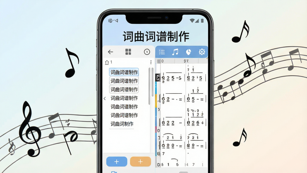 手机屏幕中央展示词曲词谱制作软件界面,画面主体为一部竖屏安卓手机,手机屏幕内呈现歌词编辑区与简谱预览区并排布局,屏幕上方显示软件名称“词曲词谱制作”文字标识,手机周围散落音符符号与五线谱线条作为装饰,背景为浅色渐变,整体风格简洁清新,细节包含按钮图标与文本输入框,画质清晰干净,无多余元素