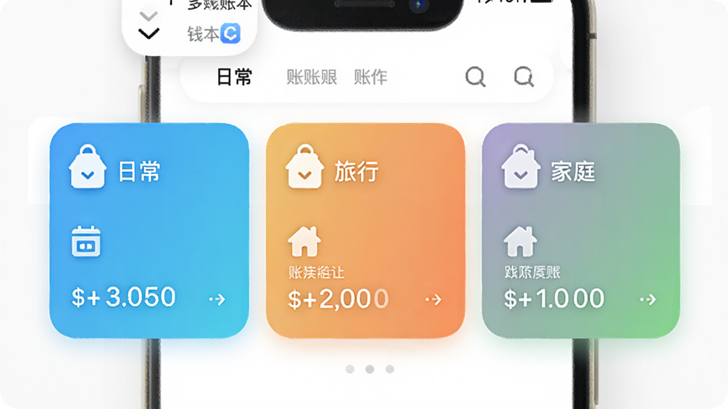 钱往app多账本管理界面图,画面展示手机屏幕中三个并列的账本卡片,分别标注
