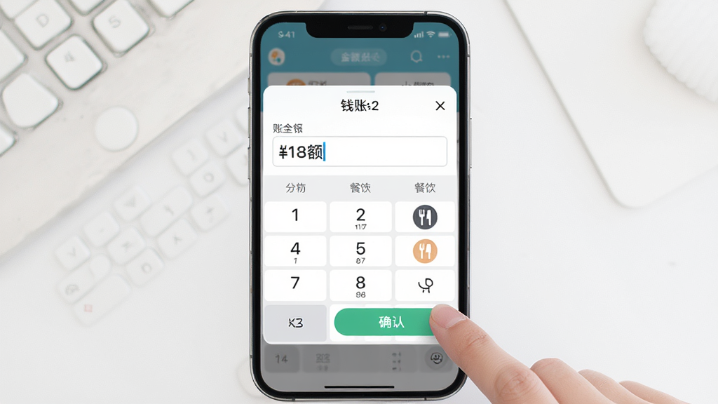 钱往app快捷记账操作界面图,画面展示手机屏幕中记账弹窗,包含数字键盘和分类图标,手指正在点击