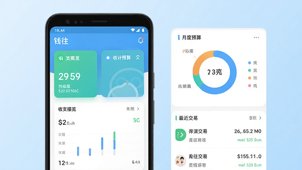 钱往app主界面预览图,画面中央展示一部安卓手机,手机屏幕上显示钱往应用首页,包含收支概览卡片、月度预算环形图、最近交易列表;背景为浅蓝色渐变,布局简洁清晰,风格现代简约,细节包含图标和数字,画质高清,干净,无多余元素