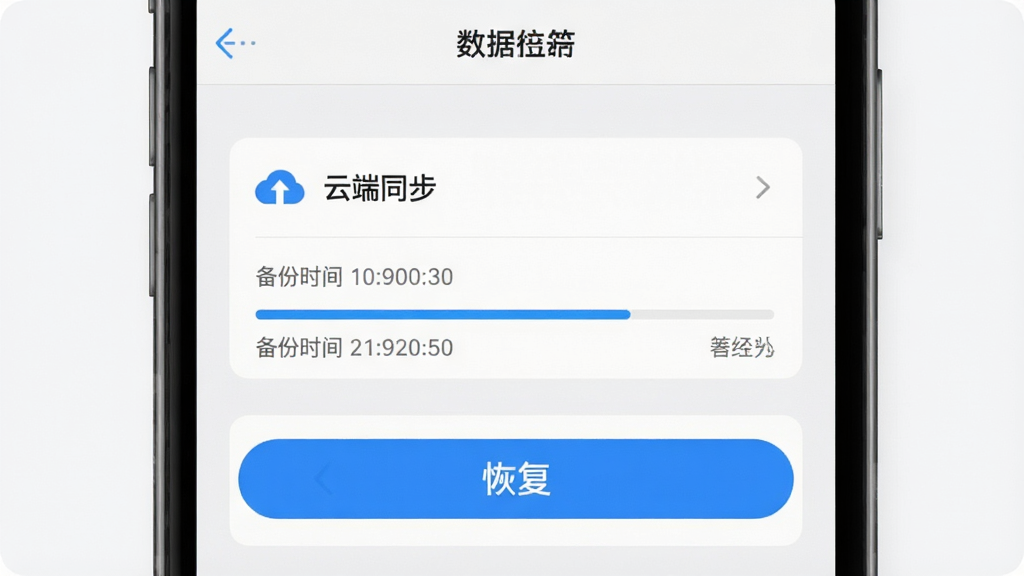 钱往app数据备份与恢复操作流程图,画面展示手机屏幕中设置页面,包含