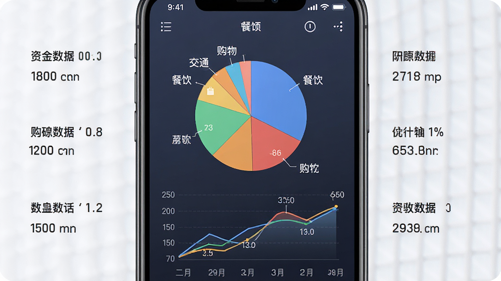 钱往app资金流向追踪功能展示图,画面主体为手机屏幕特写,屏幕中显示彩色饼状图和折线图,标注