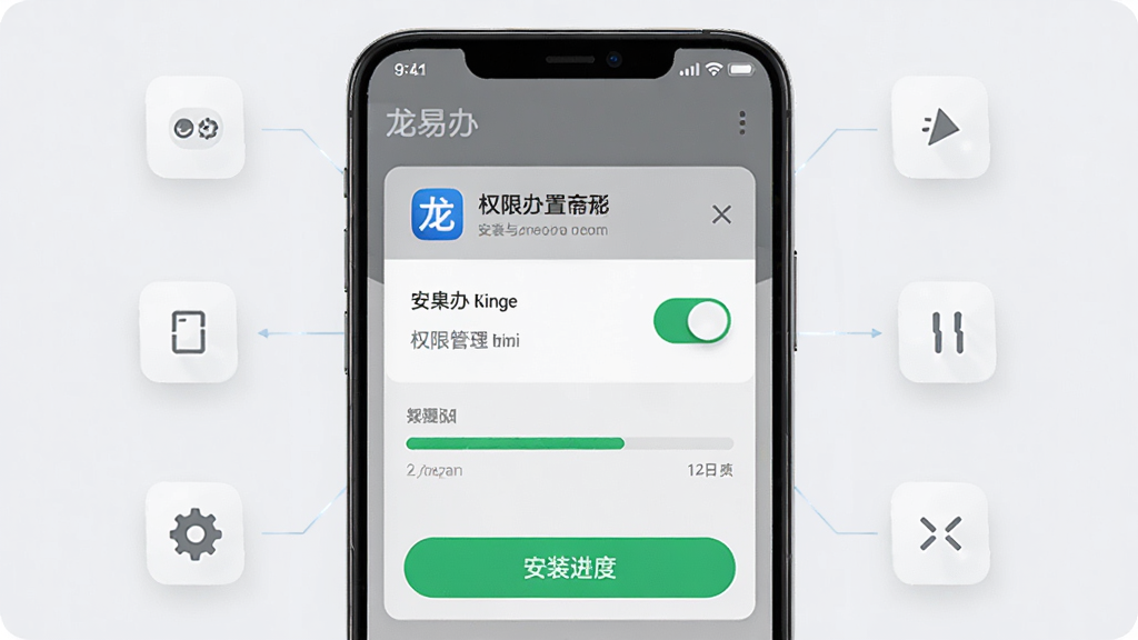 龙易办安卓版安装与权限设置示意图,画面展示手机屏幕上的权限管理界面和应用安装进度条,背景为淡灰色,布局为手机居中、周围环绕设置图标,风格为科技简约,细节包含权限开关和安装按钮,画质高清,干净,无多余元素