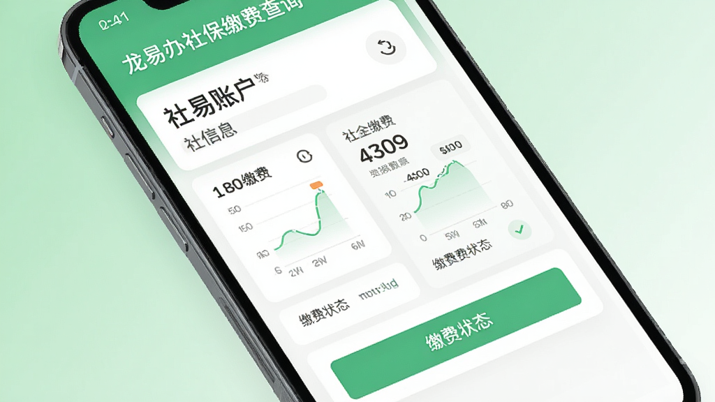 龙易办社保缴费查询界面,画面展示手机屏幕上的社保账户信息和缴费按钮,背景为浅绿色渐变,布局为信息卡片式排列,风格为清新简约,细节包含数据图表和缴费状态标识,画质高清,干净,无多余元素