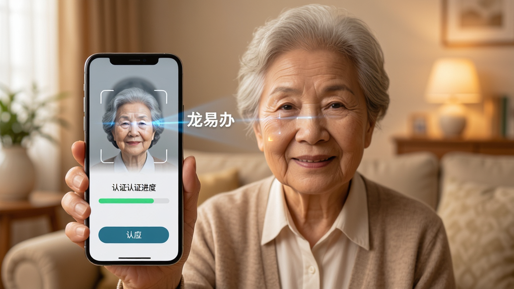 龙易办养老认证功能界面,画面展示一位老年人手持手机进行人脸识别,手机屏幕显示识别框和认证进度条,背景为温馨家居环境,布局为人物居中、手机屏幕特写,风格为写实温暖,细节包含面部识别扫描光线和界面按钮,画质高清,干净,无多余元素