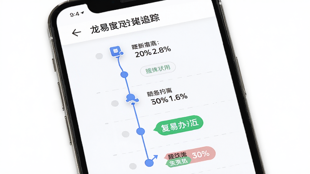 龙易办办事进度追踪界面,画面展示手机屏幕上的进度时间轴和状态标签,背景为白色,布局为纵向时间线,风格为极简商务,细节包含节点图标和进度百分比,画质高清,干净,无多余元素