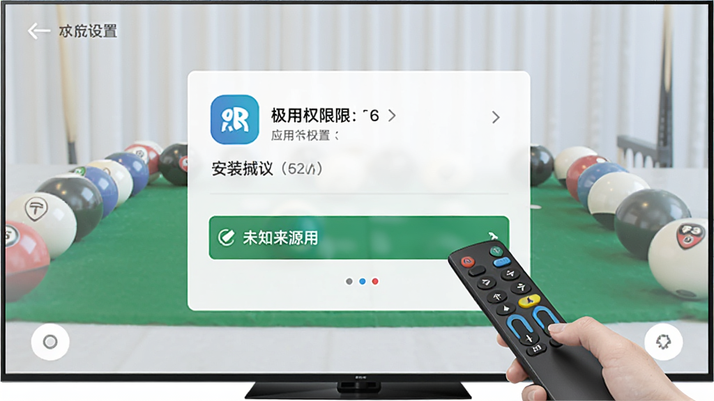 极分台球计分大屏在电视端安装设置界面示意图,画面展示智能电视屏幕上显示着应用权限设置页面,遥控器正指向允许安装未知来源应用的选项,界面布局清晰,风格简洁,画质干净无多余元素