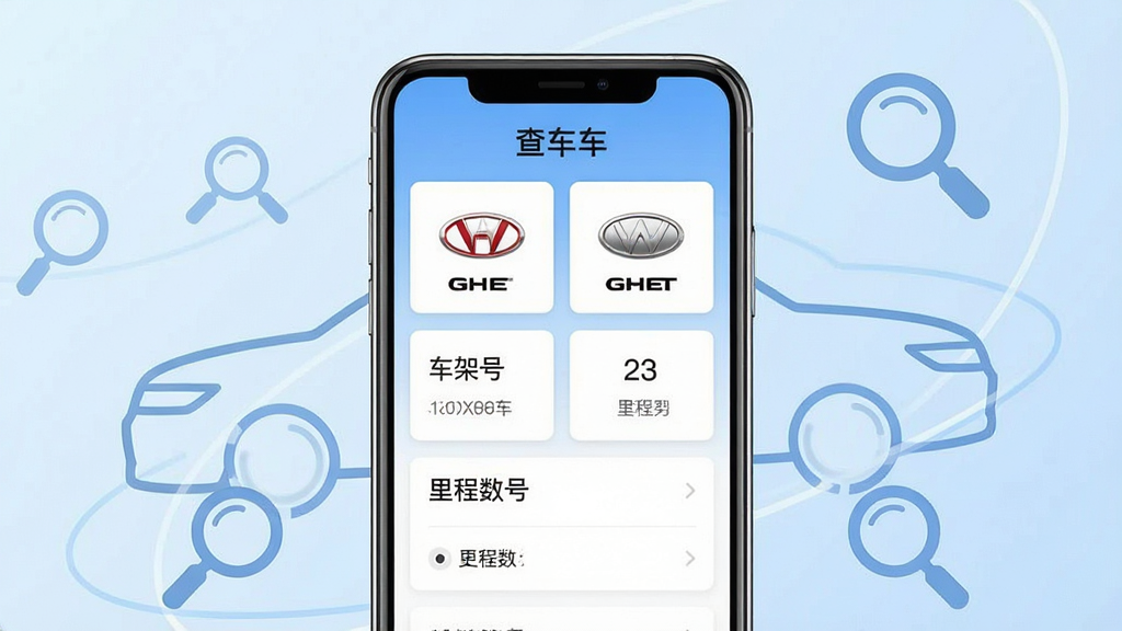 一张手机应用界面展示图,画面中央是一部智能手机,屏幕显示车辆信息查询结果页面,页面顶部有