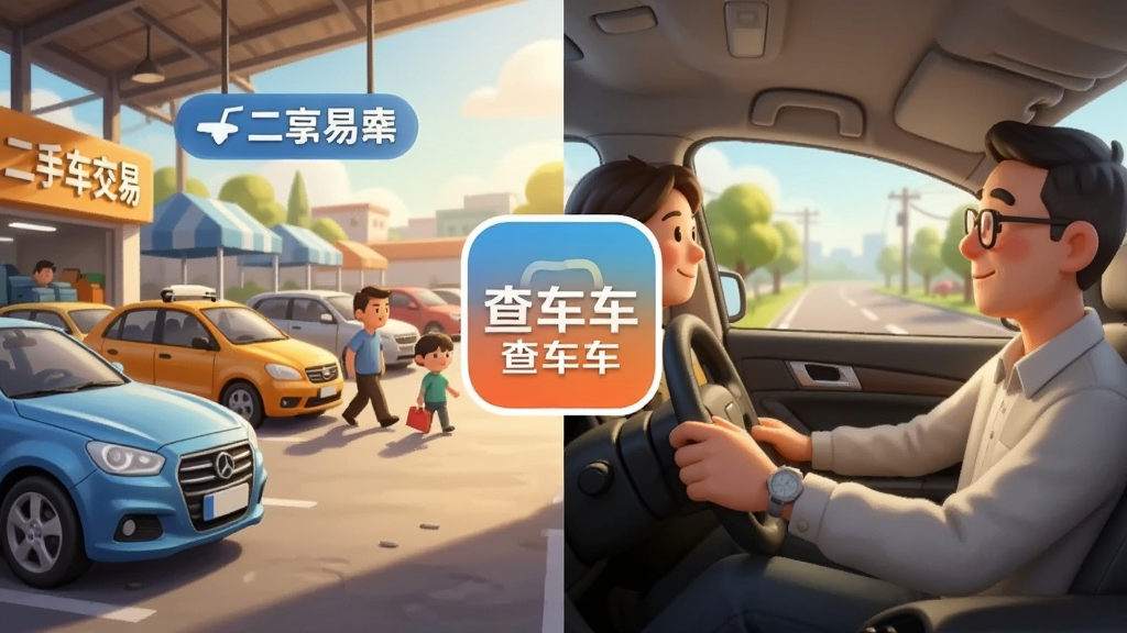 一张AI生成的概念图,画面分为左右两部分,左侧为二手车交易市场场景,右侧为车主日常用车场景,中间以