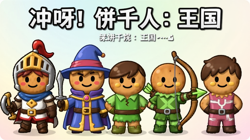 一张展示“冲呀!饼干人:王国”中多位饼干人角色并排站立的宣传图,角色包括骑士、魔法师、弓箭手等不同职业,每个角色都有独特的表情和装备,背景为柔和的渐变色,排版整齐,风格为日系Q版卡通,细节精致,画质清晰,画面干净整洁