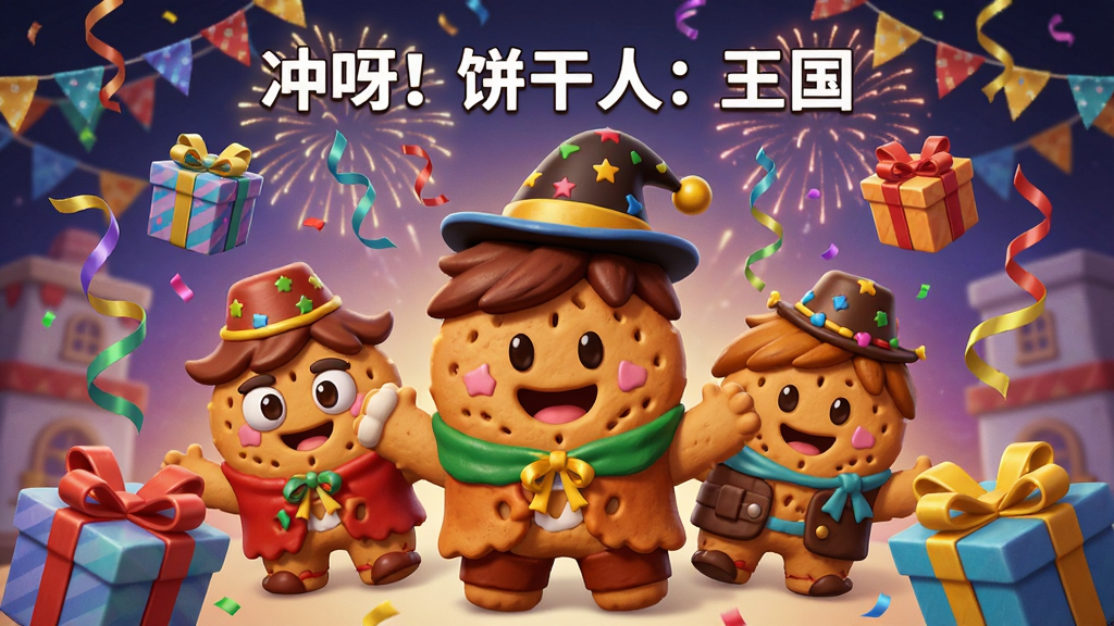 一张“冲呀!饼干人:王国”活动宣传图,画面中央是节日装扮的饼干人角色,周围漂浮着彩带和礼物盒,背景有烟花和庆典装饰,风格为欢乐庆典主题,色彩绚丽,细节突出节日氛围,画质高清,画面干净整洁