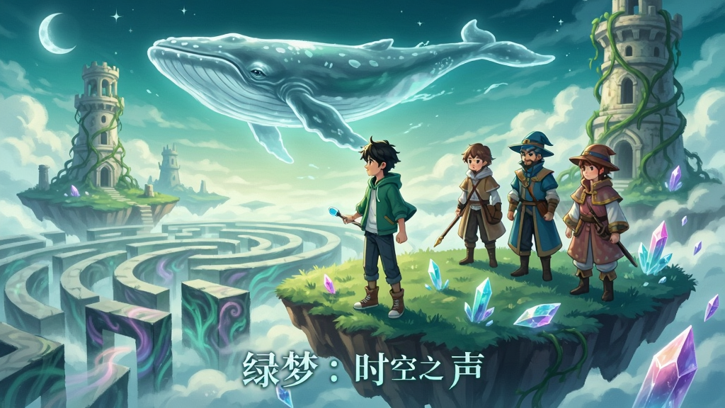 画面展示一位少年主角站在悬浮的梦境岛屿边缘,面前是不断变幻的迷宫路径,身后跟随三位不同职业的伙伴角色,天空中有巨大的透明鲸鱼游过,地面散落发光的水晶碎片,远处有被藤蔓缠绕的古代塔楼,整体为唯美幻想风格,色彩以青绿、粉紫、月白为主,画面中标注文字“绿梦:时空之声”