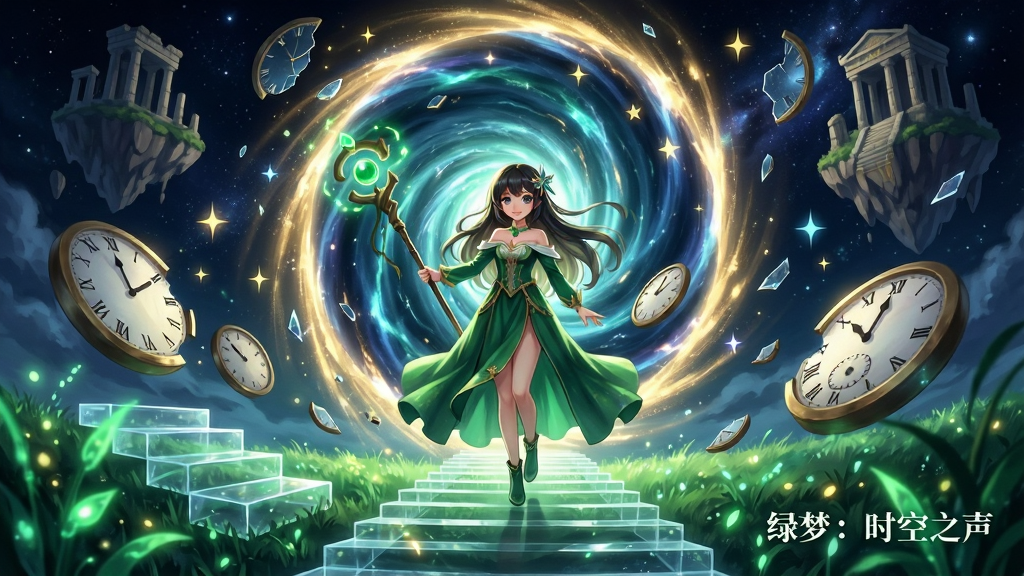 画面中央是一位身着绿色长裙的少女,手持发光法杖,背后展开巨大的时空漩涡传送门,周围漂浮着破碎的时钟表盘与星光碎片,前景有梦幻的绿色荧光草地和透明阶梯,背景是深邃的宇宙星空与漂浮的古代遗迹建筑群,整体采用日系二次元厚涂风格,色彩以翠绿、深蓝、金色为主,光影层次丰富,细节精致,画质超清,干净无多余元素,画面中浮现文字“绿梦:时空之声”