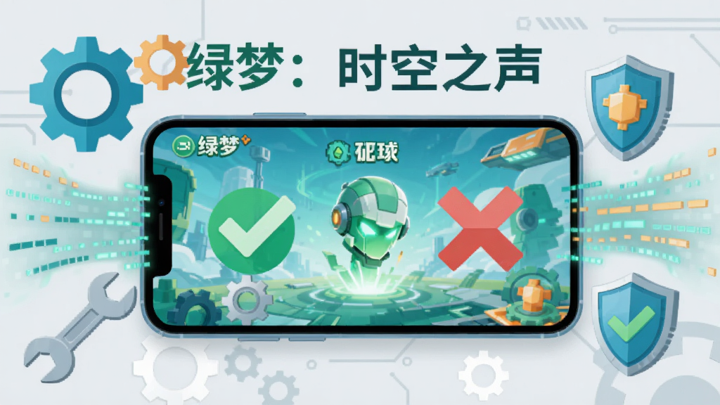 画面展示一部智能手机屏幕中显示绿梦:时空之声的游戏界面,屏幕周围环绕着齿轮、扳手、盾牌和发光的数据流线条,背景是浅灰色科技风格,画面中有绿色对勾与红色叉号图标对比,整体为扁平化信息图风格,色彩以蓝绿、白、橙为主,画面中标注文字“绿梦:时空之声”