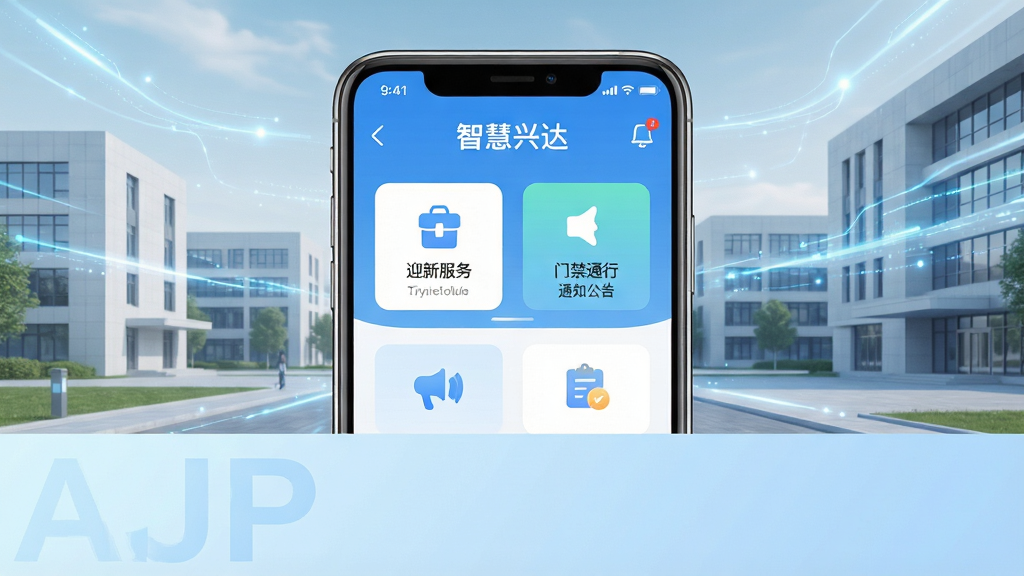 画面中央展示一部智能手机,手机屏幕上显示“智慧兴达”APP首页界面,包含迎新服务、门禁通行、通知公告等图标按钮,背景为简洁的现代校园建筑与科技感光效,整体布局上下分层,上方为手机主体,下方为浅蓝色渐变底色,风格清新科技,细节清晰,画质干净明亮,无多余元素,高质量渲染