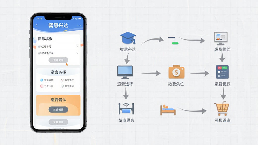 画面主体为“智慧兴达”APP迎新服务界面截图,左侧展示手机屏幕,屏幕内呈现信息填报、宿舍选择、缴费确认等模块,右侧以简洁图标和箭头串联流程,背景为浅灰色网格纹理,整体排版左图右文,风格扁平化设计,细节清晰,画质干净,无多余元素