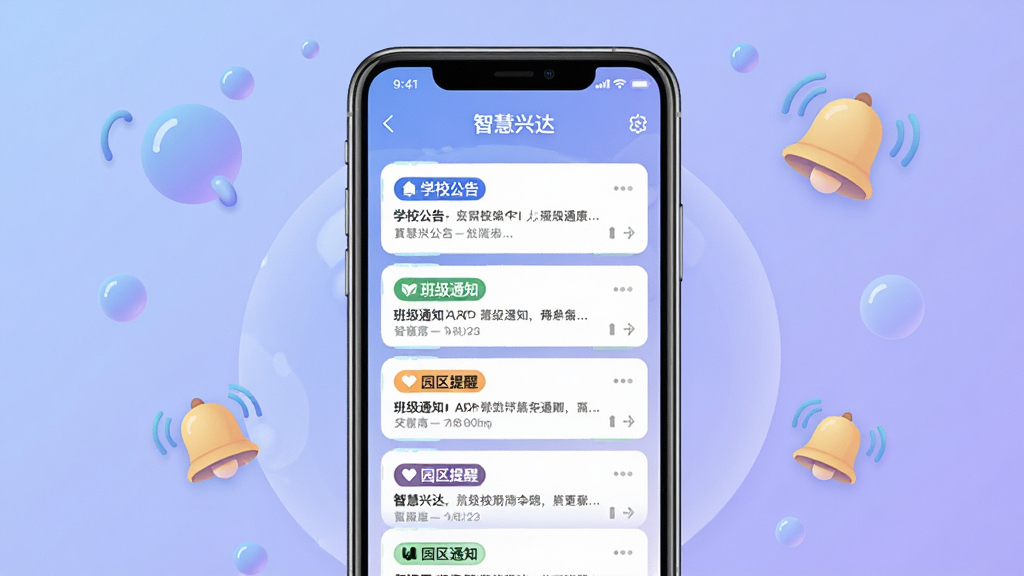 画面中央展示“智慧兴达”APP消息通知界面,手机屏幕上排列着多条通知卡片,包含学校公告、班级通知、园区提醒等不同标签,背景为柔和蓝紫色渐变,四周点缀抽象气泡与铃铛图标,风格简洁明快,排版居中对称,画质清晰,无多余元素