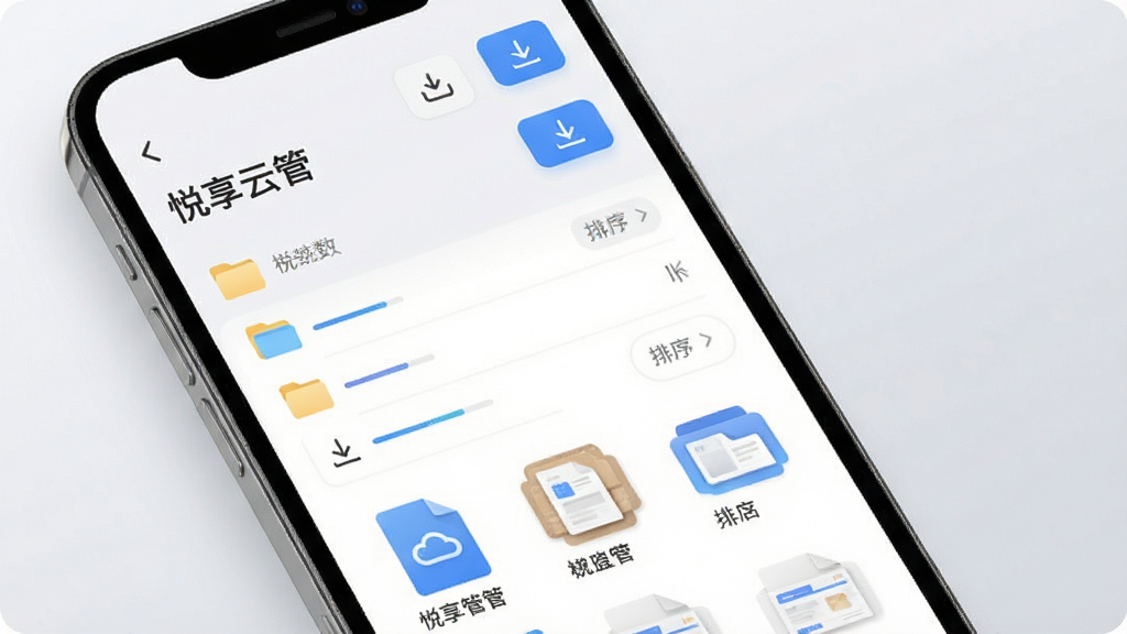 手机屏幕展示“悦享云管”云端文件管理界面,界面中显示文件夹列表和文件缩略图,顶部有上传和下载按钮,背景为浅灰色渐变,风格为清爽极简设计,细节包括文件图标、进度条和排序标签,画质高清,干净无多余元素