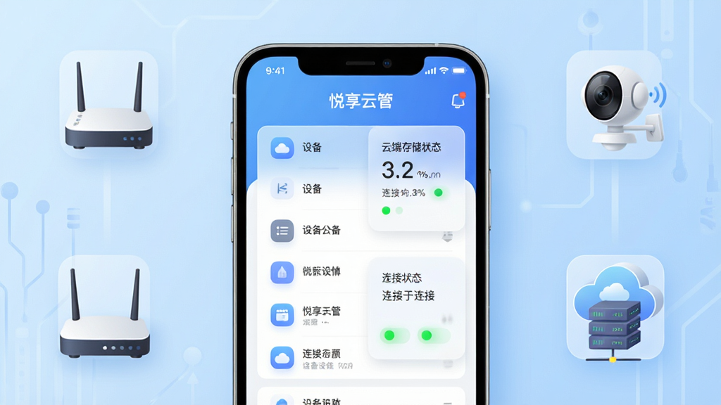 画面中央放置一部智能手机,手机屏幕上显示“悦享云管”应用主界面,界面包含设备列表、云端存储状态和连接指示灯等元素,背景为浅蓝色渐变科技风格,周围环绕路由器、智能摄像头、云端服务器等小型图标,整体布局简洁清晰,风格为现代扁平化UI设计,细节包括圆角图标、柔和阴影和半透明卡片,画质高清,干净无多余元素