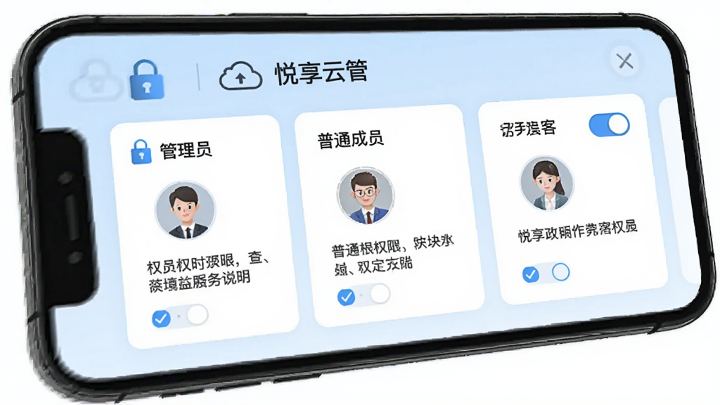 手机屏幕展示“悦享云管”权限管理界面,界面中有管理员、普通成员、访客三种角色卡片,每张卡片旁有权限开关和说明文字,背景为浅蓝色商务风格,风格为简洁安全主题,细节包括锁形图标、角色头像和权限勾选框,画质清晰,干净无多余元素