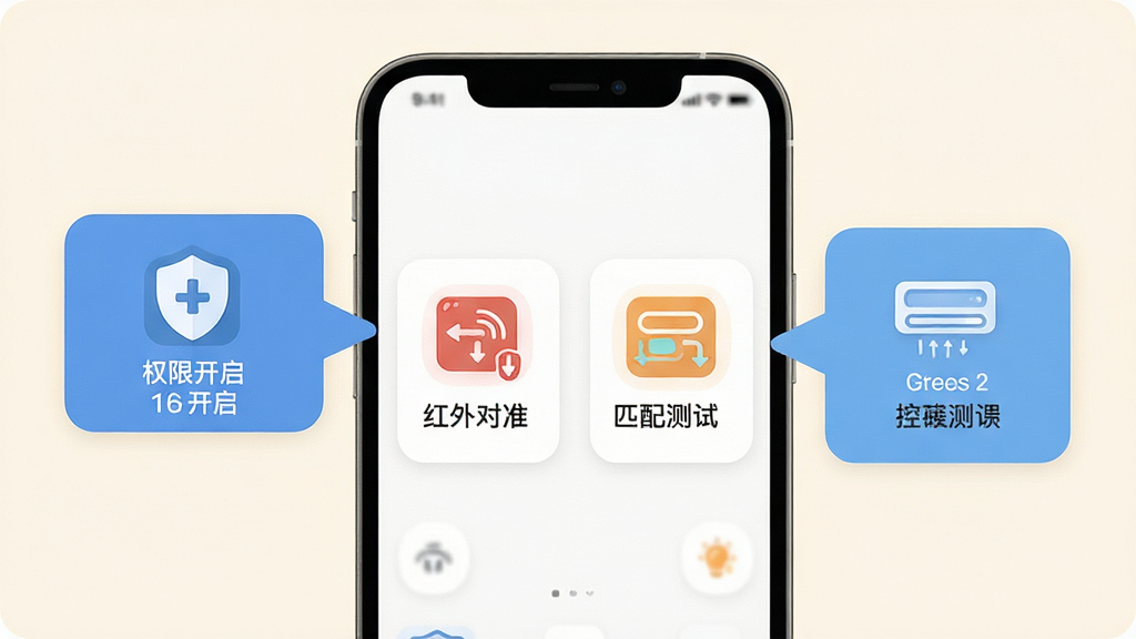手机控制空调新手设置引导界面图,画面展示手机屏幕上有步骤提示气泡,包括权限开启、红外对准、匹配测试等图标,背景为柔和米白色,排版清晰,风格扁平化,画质干净整洁